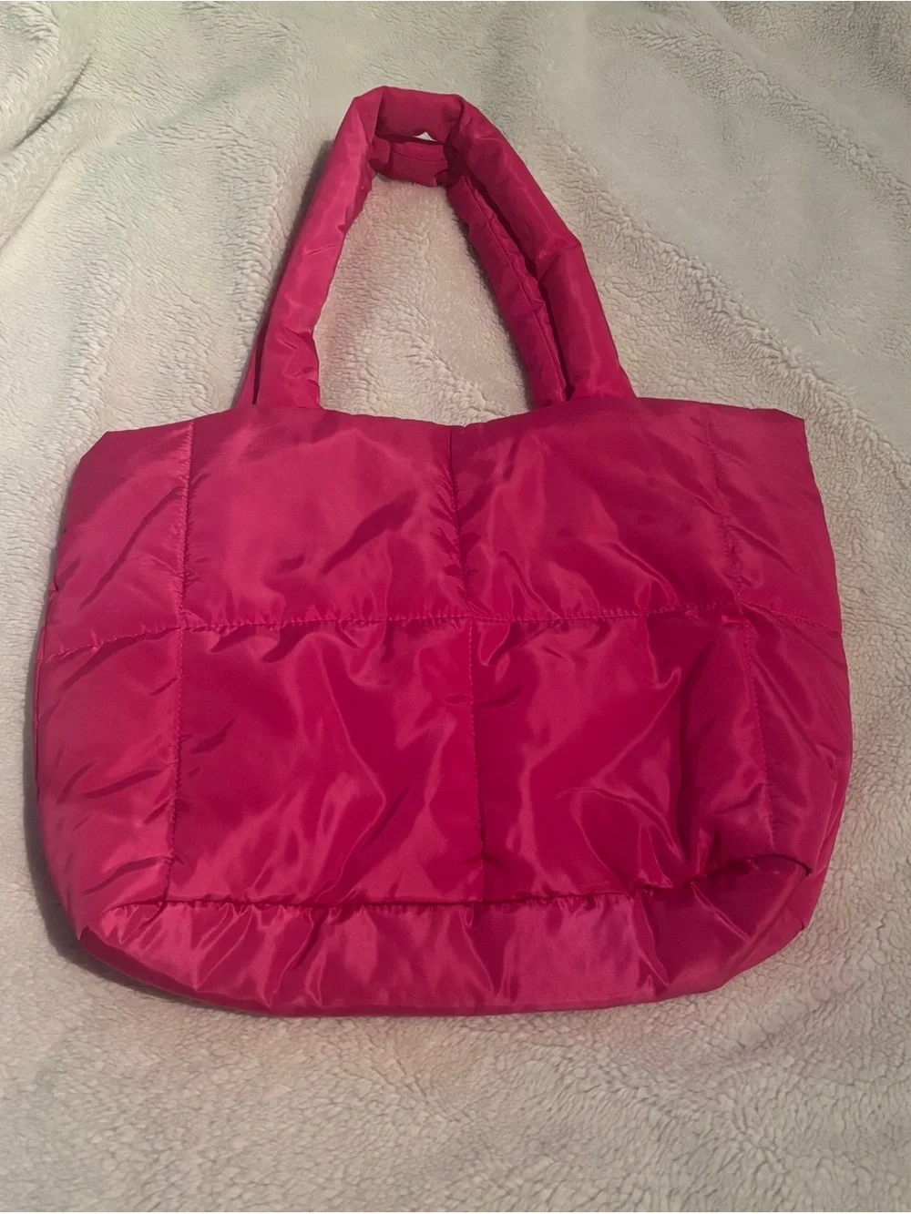 Puffer Tote Bag in Bright Pink - Lightweight Quilted Shoulder Bag